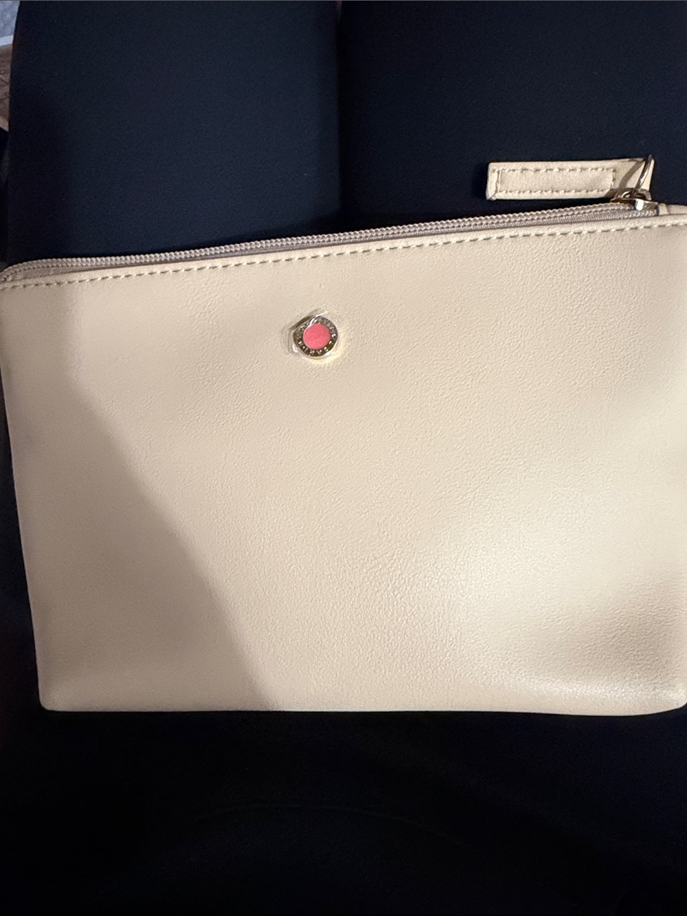 Bvlgari Cream Leather Zip Wristlet with Pink Medallion and Gold Trim